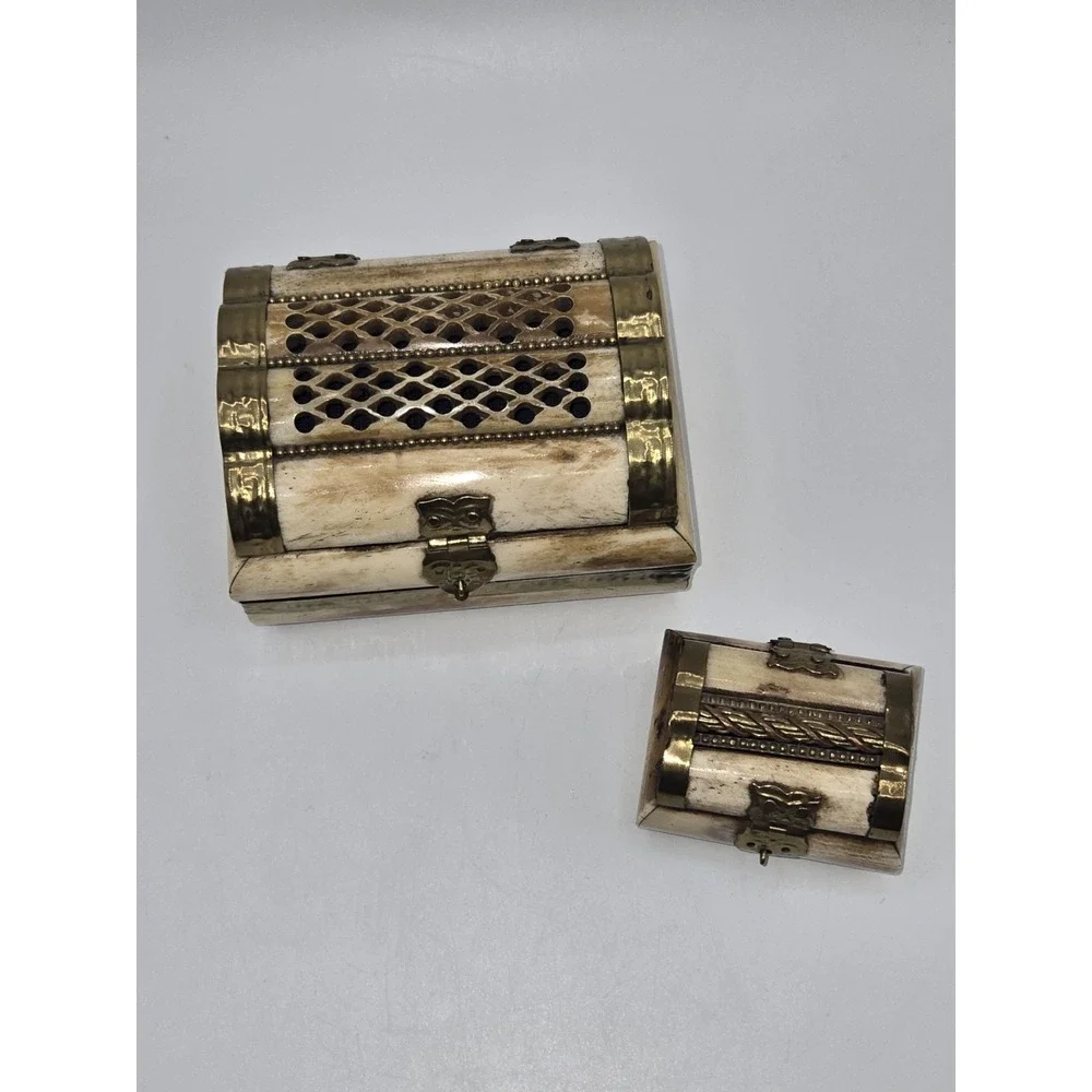 Vintage Camel Bone Brass‎ Jewelry Casket Set Velvet Lined Pair